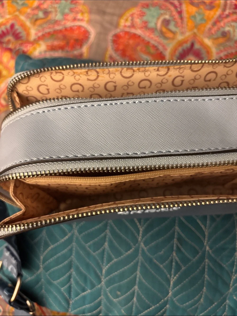 GUESS Slate Gray Saffiano Crossbody Bag with Gold Hardware